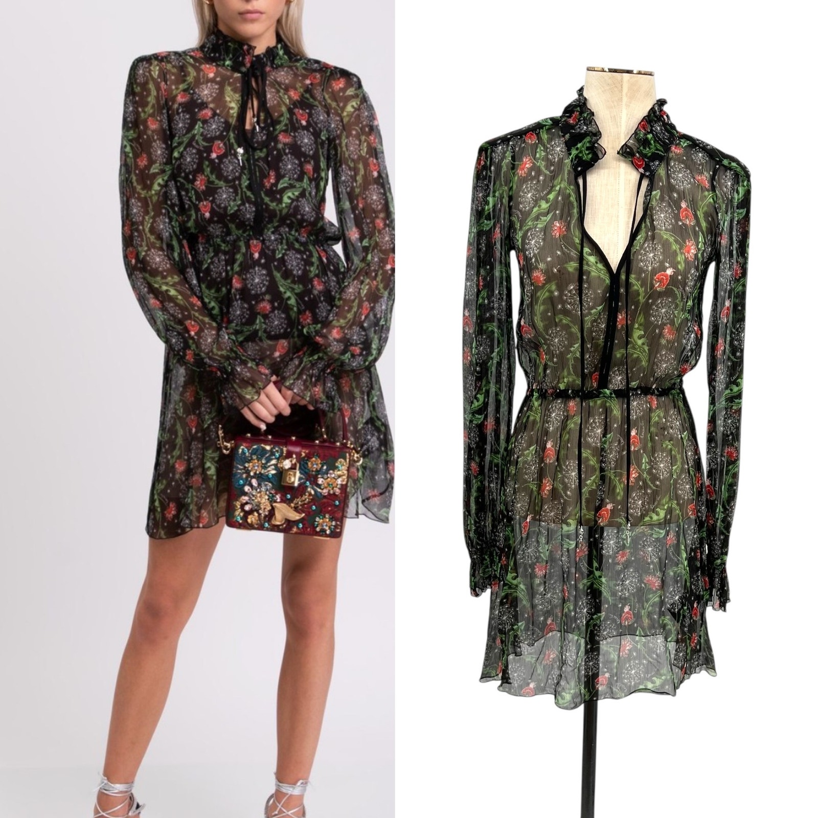 Patrizia Pepe Dress Sheer Floral Print Long Sleeve Black Green Size 40 Us 4